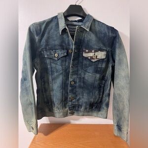 Ring Of Fire Jean Jacket Men Sz S Patriotic American Flag Button Up Denim Coat